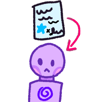 a lavender person with a purple swirl on their chest. Above them is a medical paper with a blue star on it, as well as squiggles representing words. There is a red arrow pointing from the paper to the person. The blue star and purple swirl represent different disabilities